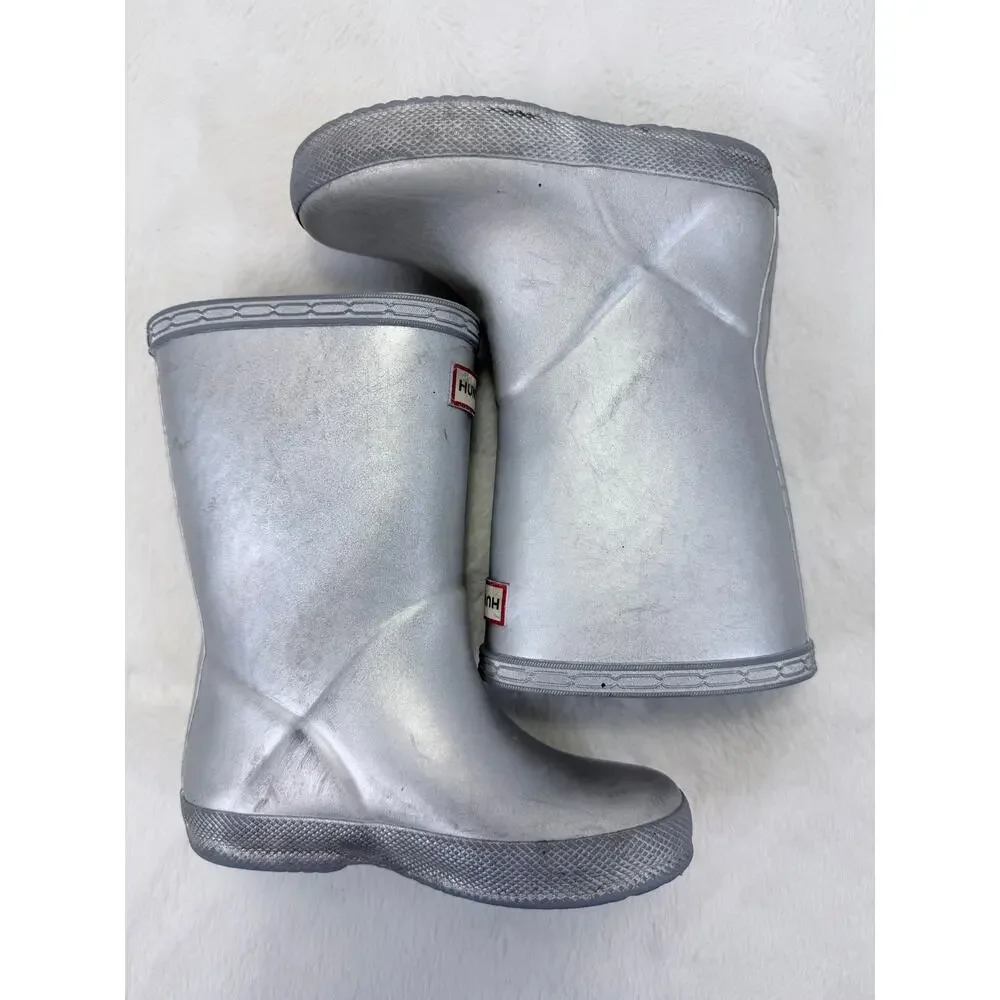 Hunter Kids Original First Classic Metallic Silver Rain Boots Size 8